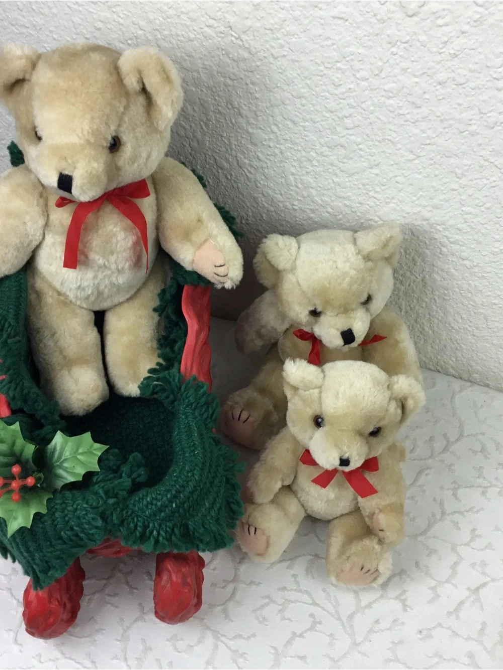Plush Teddy Trio in Cream with Red Ribbons - Holiday Decorative Set
